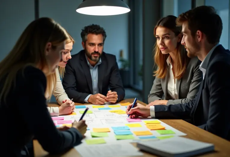Profissionais colaborando para resolver problemas criativos utilizando o método TRIZ.
