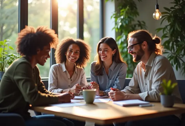 Profissionais diversos colaborando felizes em escritório iluminado, transmitindo bem-estar e positividade no trabalho.