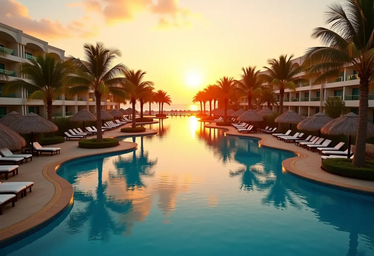 Multipropriedade: Fuja da cilada ou invista com segurança? Resort de luxo com famílias aproveitando as férias ao pôr do sol