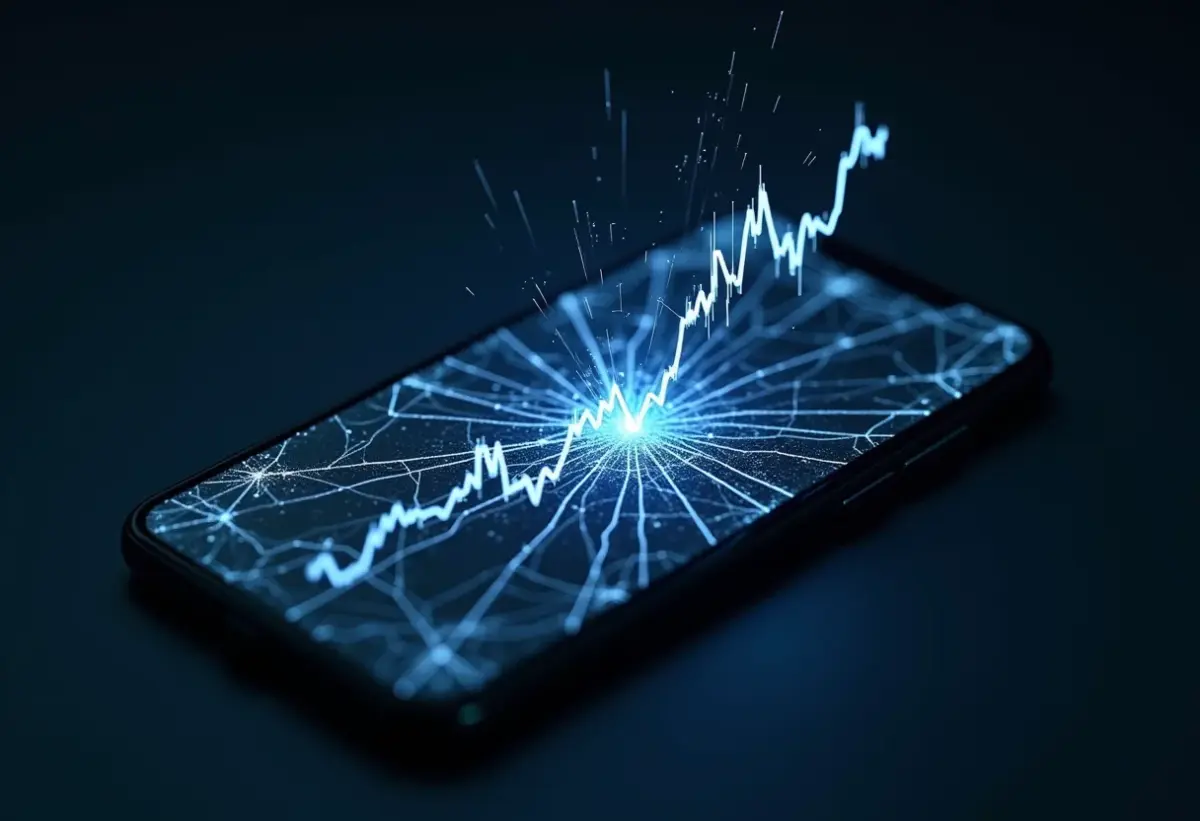 Tela de celular rachada mostrando gráfico de ações em queda, representando perda financeira.