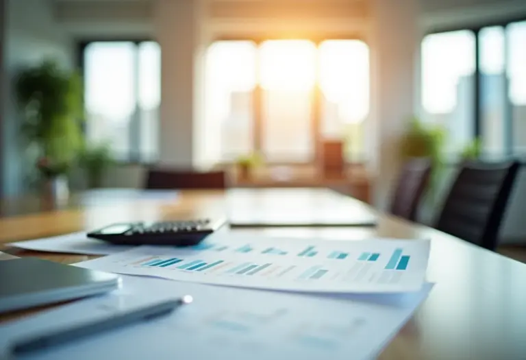 Visão ampla de um escritório moderno com documentos financeiros, representando planejamento financeiro e gestão de herança.