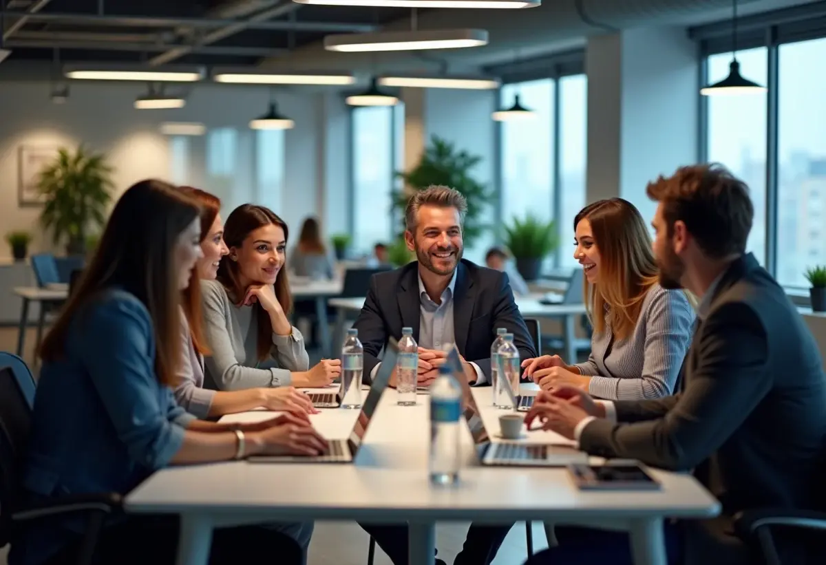 Visão ampla de um espaço de coworking vibrante com pessoas diversas colaborando.