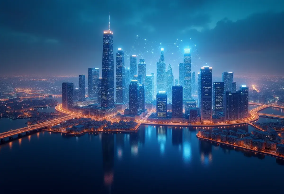 Inteligência Artificial Generativa: O futuro já começou, entenda! Visão ampla de uma cidade futurista com redes neurais brilhantes conectando arranha-céus.