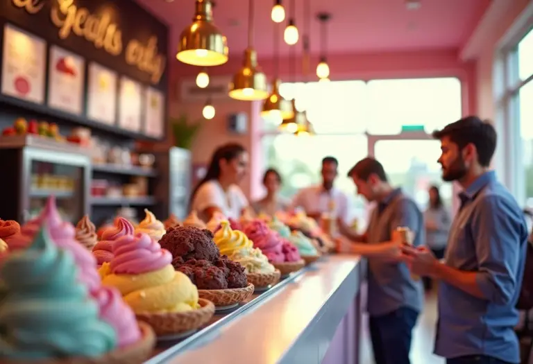 Visão geral de uma sorveteria movimentada com diversas opções de sabores.