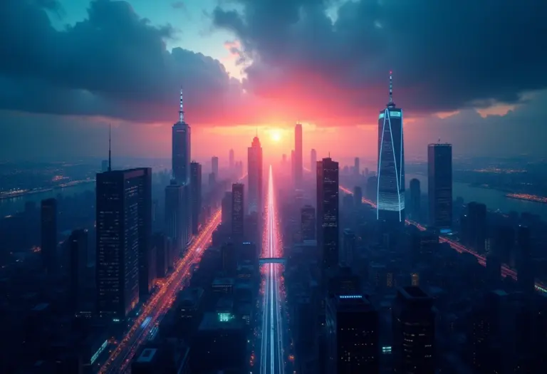 Visão panorâmica de uma cidade futurista com redes digitais interconectadas.