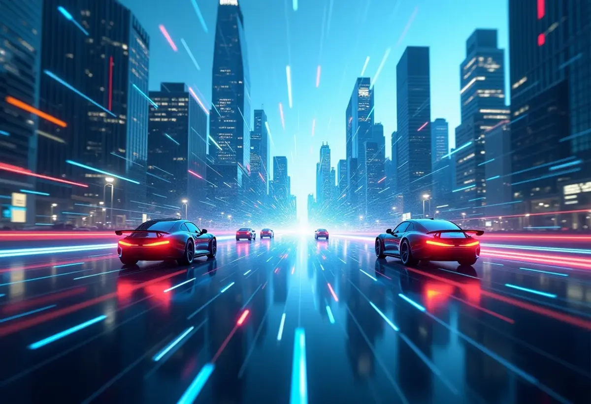 Visão panorâmica de uma cidade futurista com redes digitais interconectadas.