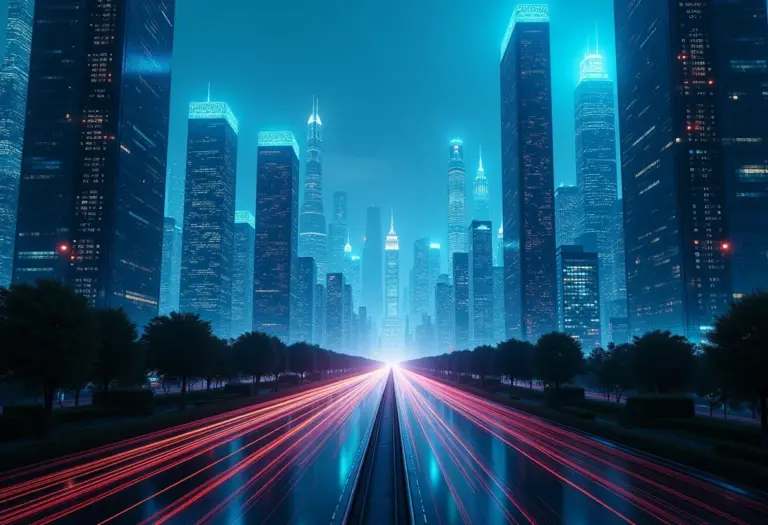 Visão panorâmica de uma cidade futurista com redes neurais e fluxos de dados representando a PLN e a IA.