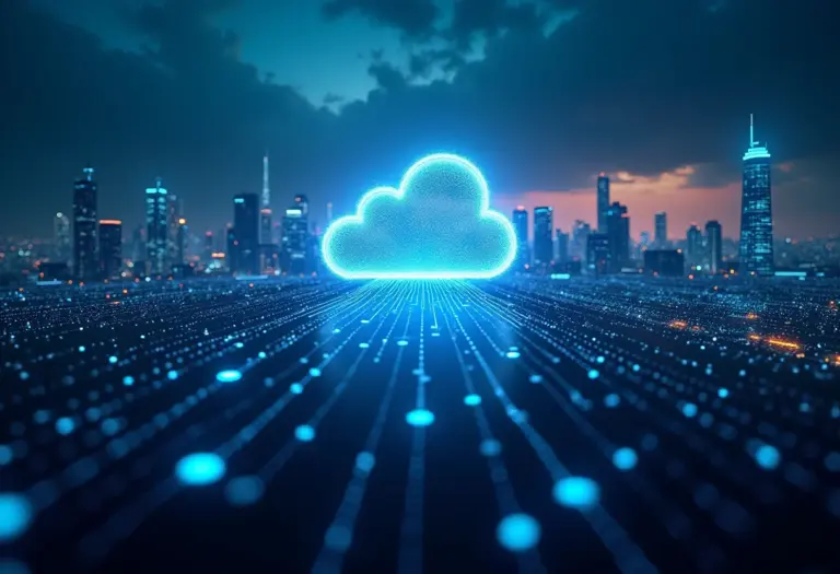 PaaS, IaaS ou SaaS: Qual a diferença e qual escolher? Visão panorâmica de uma metrópole futurista com fluxos de dados luminosos representando a computação em nuvem.