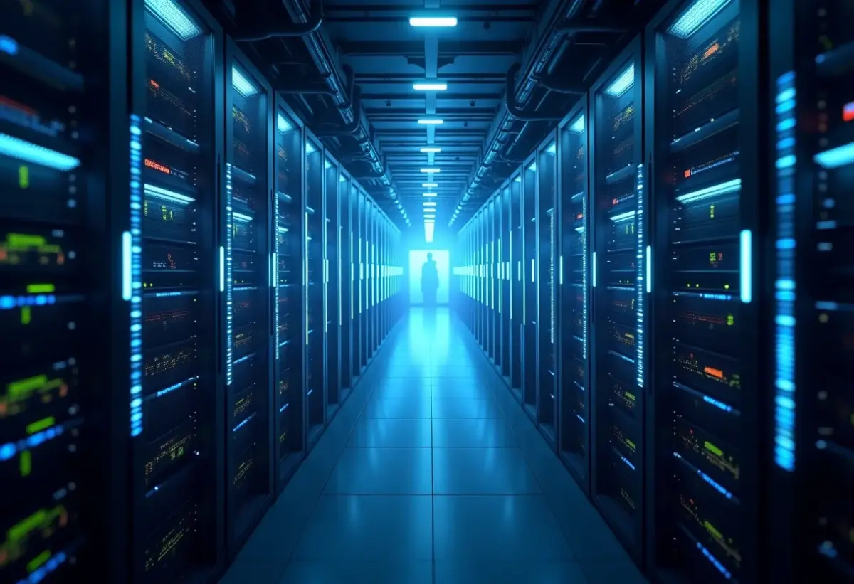 Visualização de um data center em nuvem, representando a infraestrutura de serviços PaaS, IaaS e SaaS.