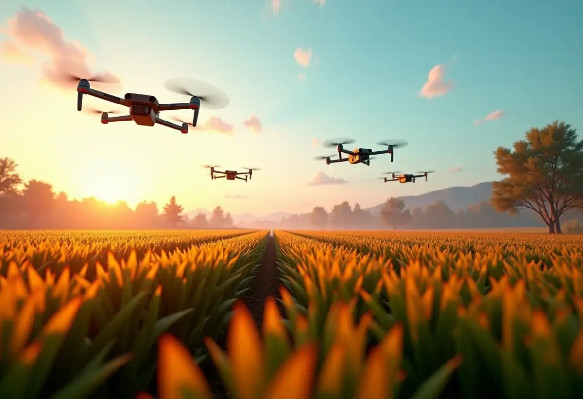 Fazenda futurista com drones monitorando plantações