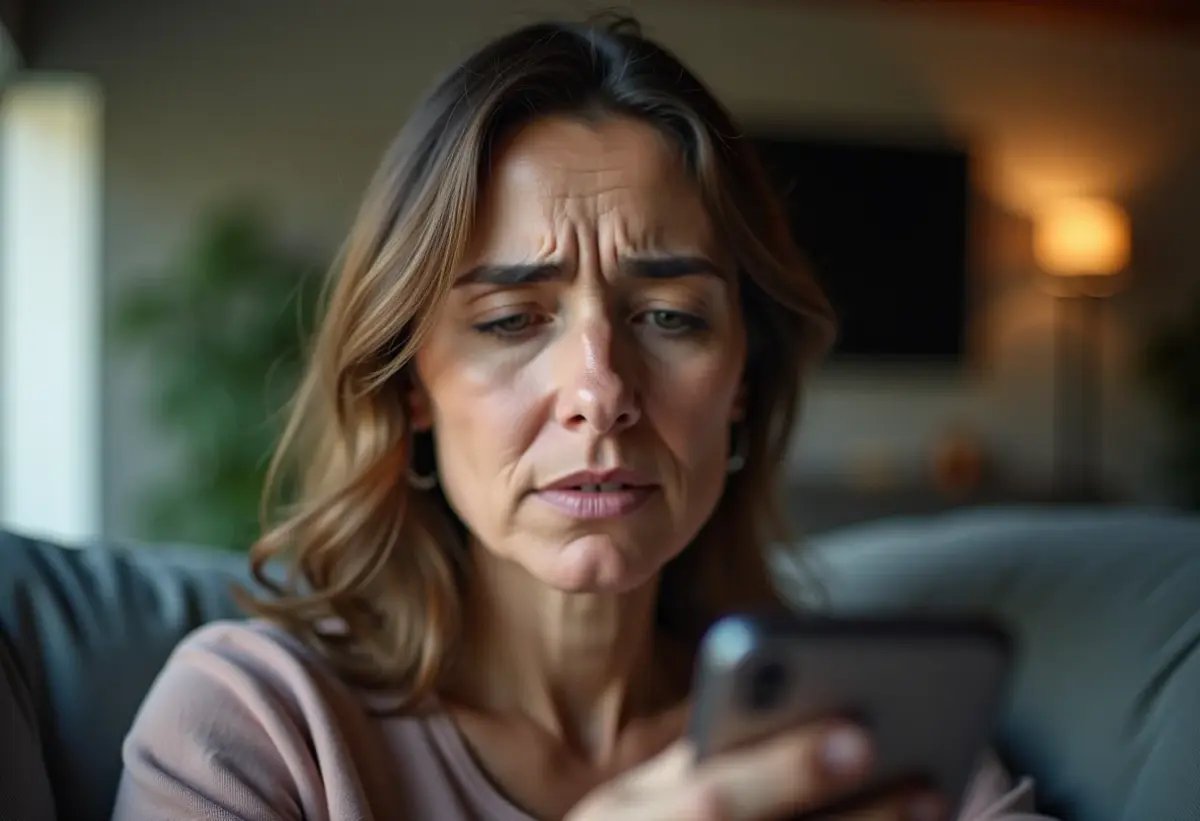 Mulher preocupada olhando informações sobre crédito consignado no celular