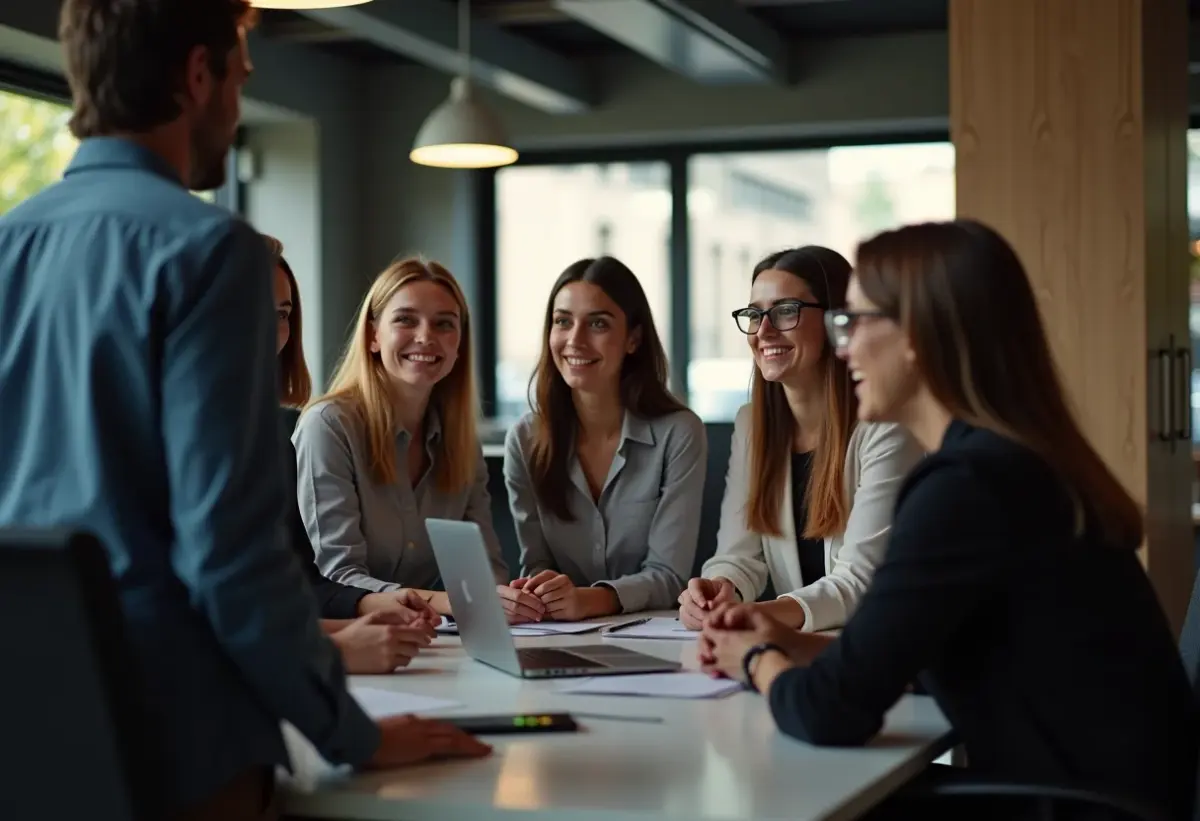 Profissionais diversos colaborando em ambiente de trabalho moderno
