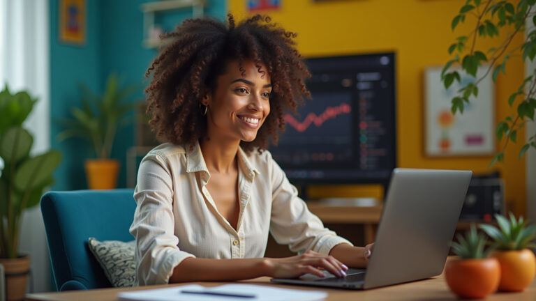 Criadora de conteúdo brasileira monitorando avisos e strikes no YouTube Studio em seu home office vibrante.