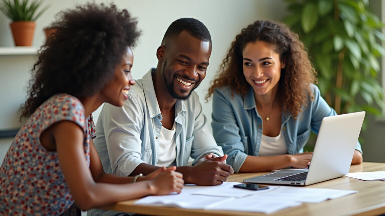 Empreendedores MEI brasileiros sorrindo e colaborando em um ambiente de trabalho moderno.