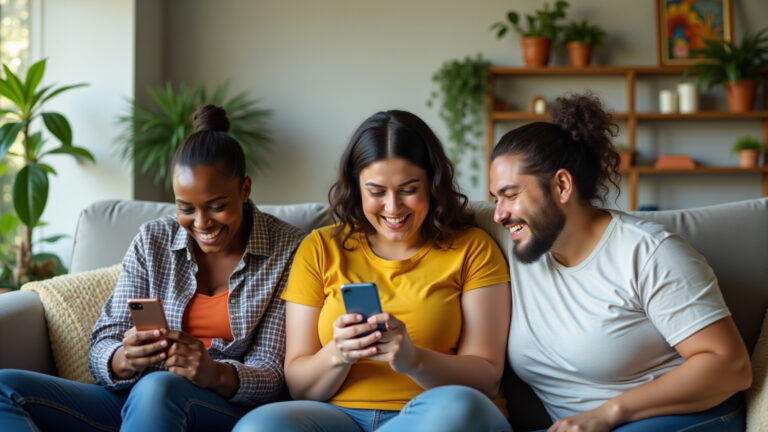 Pessoas brasileiras diversas sorrindo e usando celular para ganhar dinheiro com apps.