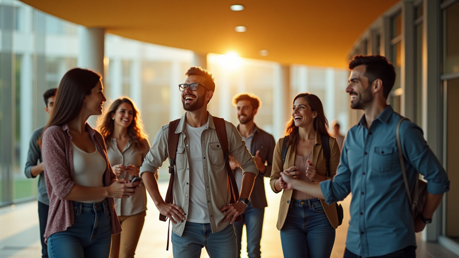 Muito além dos livros: Garanta o seu lugar onde as grandes conexões profissionais acontecem Jovens profissionais brasileiros fazendo networking em uma universidade moderna.