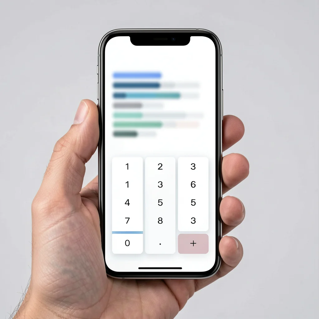 Smartphone com tela de calculadora de RPM do TikTok em ambiente corporativo elegante