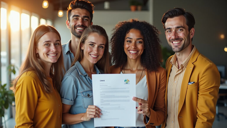 Como Emitir Cartão CNPJ Rápido e Fácil em 2026 Empreendedores brasileiros comemorando a emissão rápida do Cartão CNPJ.