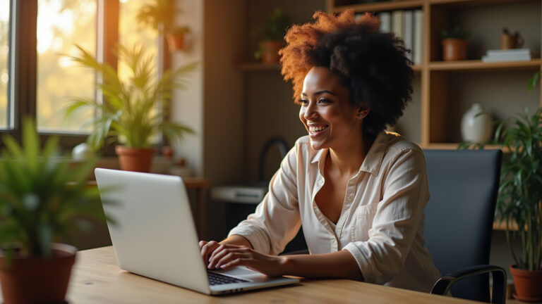 Pessoa brasileira sorrindo usando laptop em escritório moderno com notificações web push na tela.