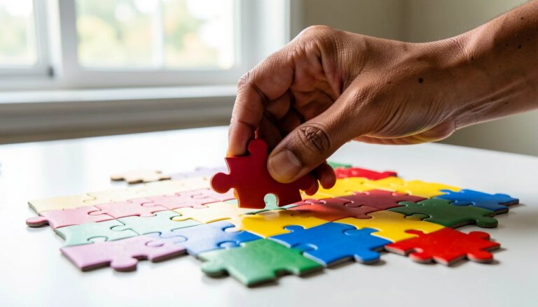 Mão feminina colocando peça de quebra-cabeça colorida sobre um conjunto de peças, representando os elementos do market...