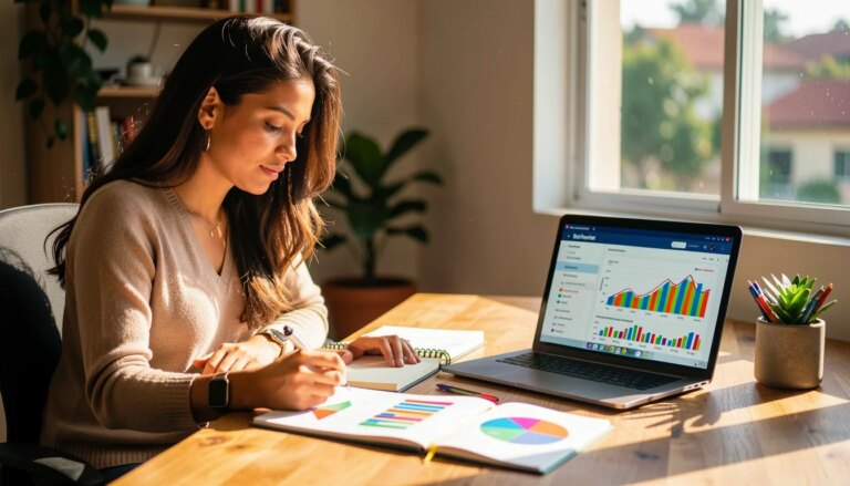 36 Ideias de Bons Negócios Para Empreender com Dados Reais Jovem empreendedora analisando gráficos e dados em um laptop e caderno, com luz natural da manhã.