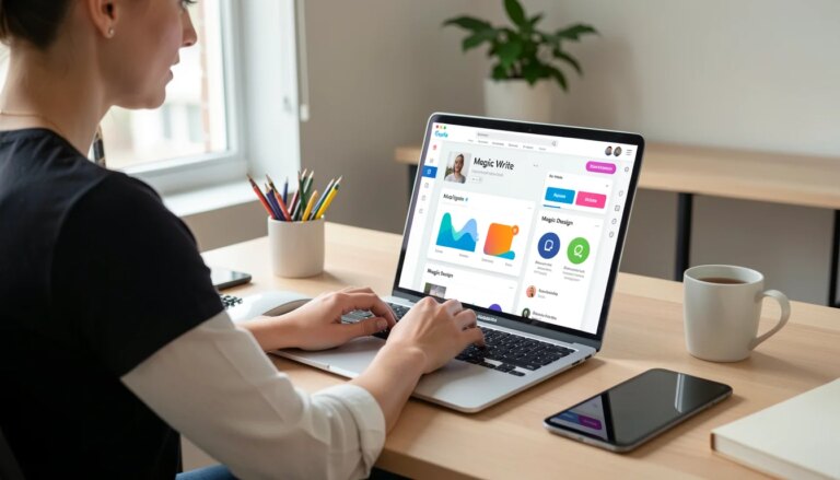 Designer usando Canva com ferramentas de IA em um laptop, interface moderna e limpa.