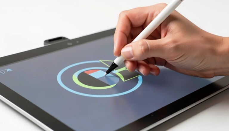 Mãos femininas usando caneta stylus em tablet gráfico criando logotipo abstrato.
