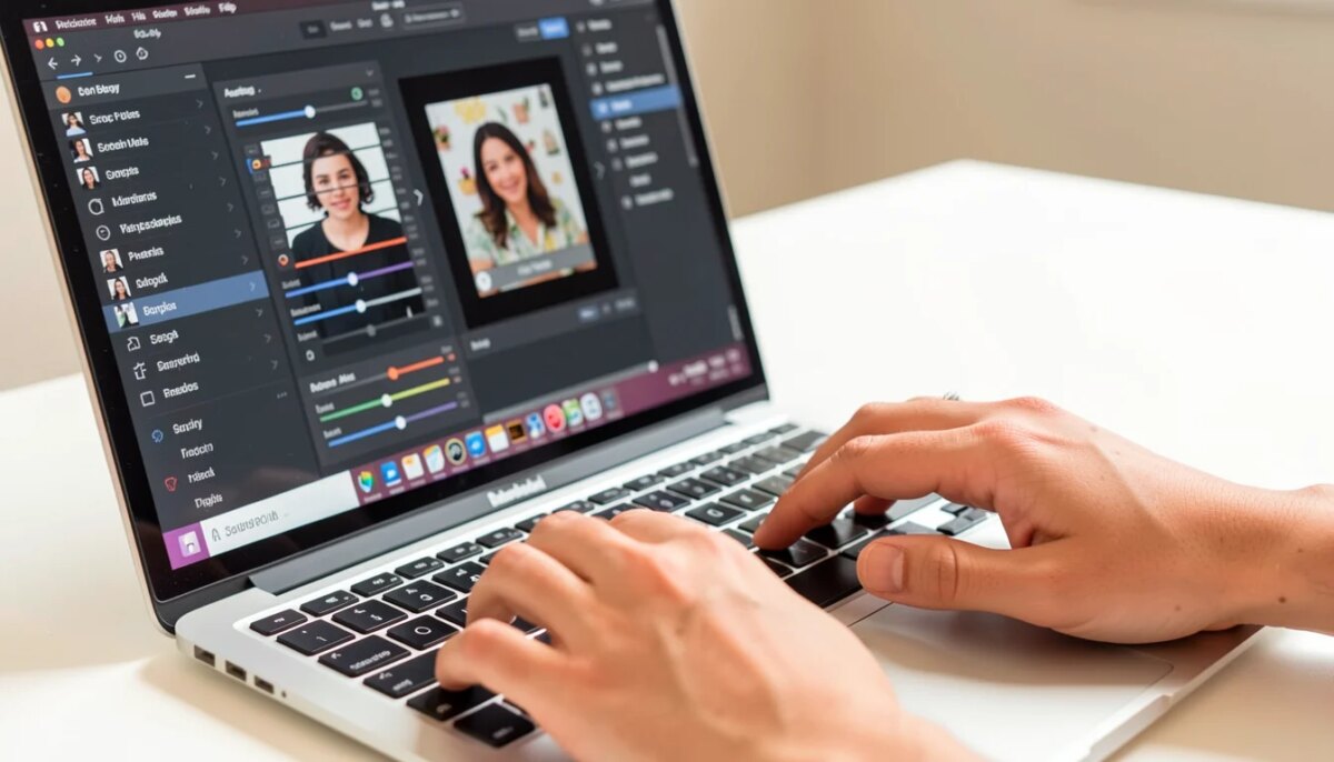 Mãos editando foto no Canva no computador, qualidade nítida.
