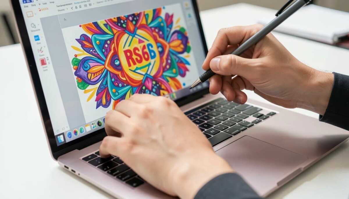 Mãos editando design no Canva com tela colorida e iluminação natural.