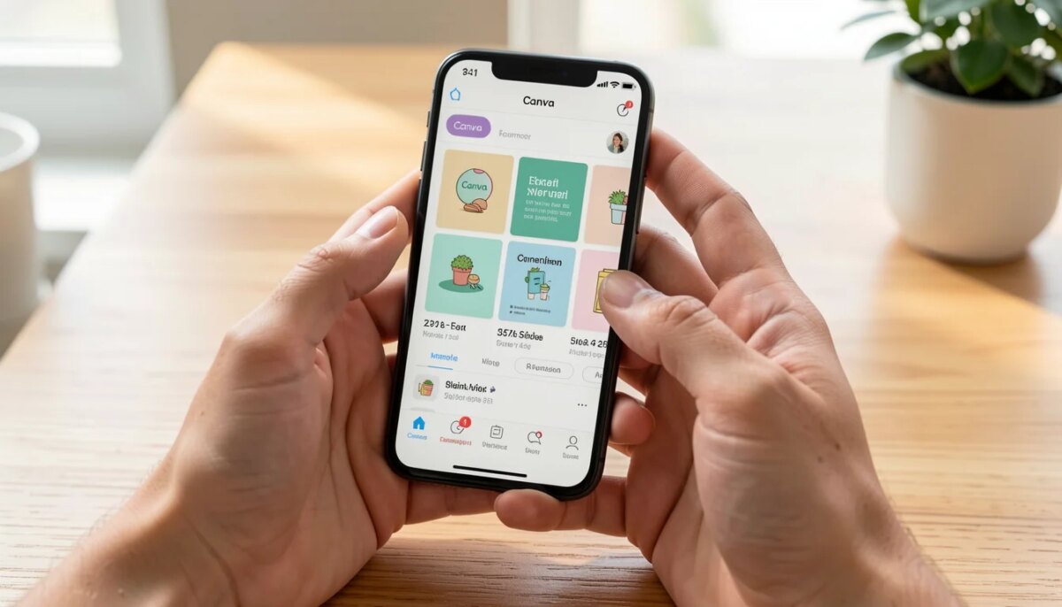 Mãos segurando celular com aplicativo Canva aberto em edição de design profissional.