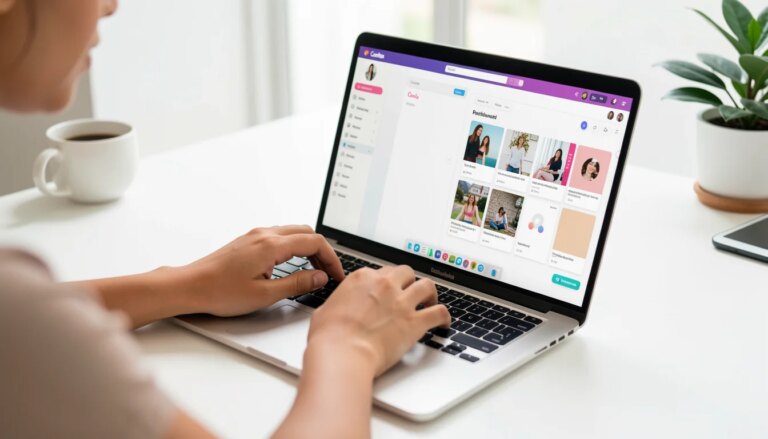 Mãos de mulher digitando em notebook com tela do Canva, mostrando ferramentas de design.