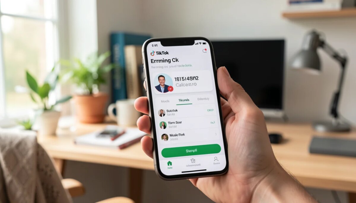 Mão segurando smartphone com calculadora de RPM do TikTok aberta na tela, em ambiente doméstico.