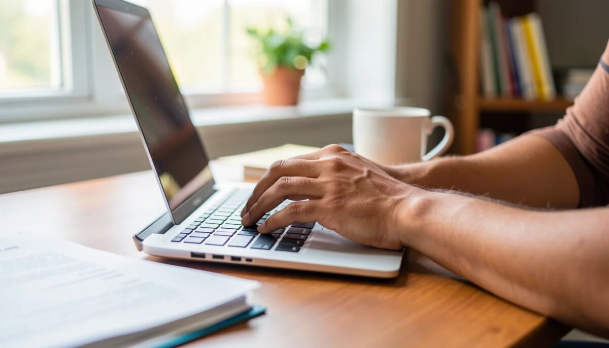 Mãos digitando em laptop com documentos de abertura de empresa.
