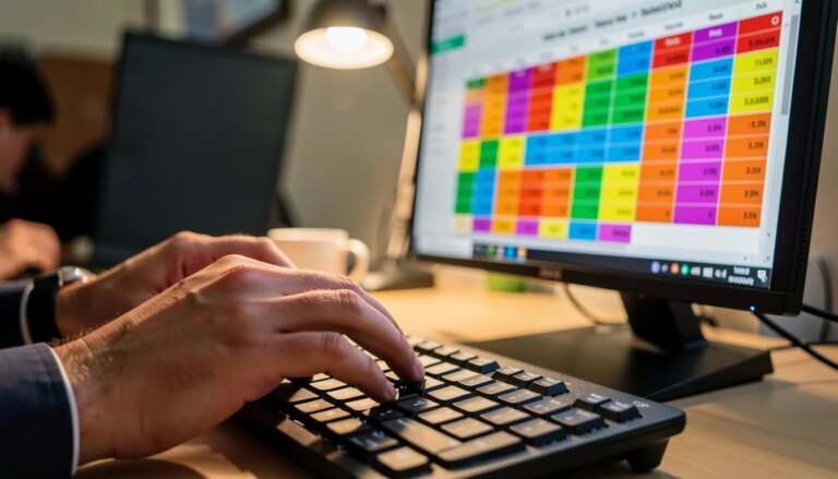 Como Usar Calendários Econômicos para Planejar Suas Operações de Forex Mãos de um trader digitando no teclado, com monitor mostrando calendário econômico colorido sem texto.