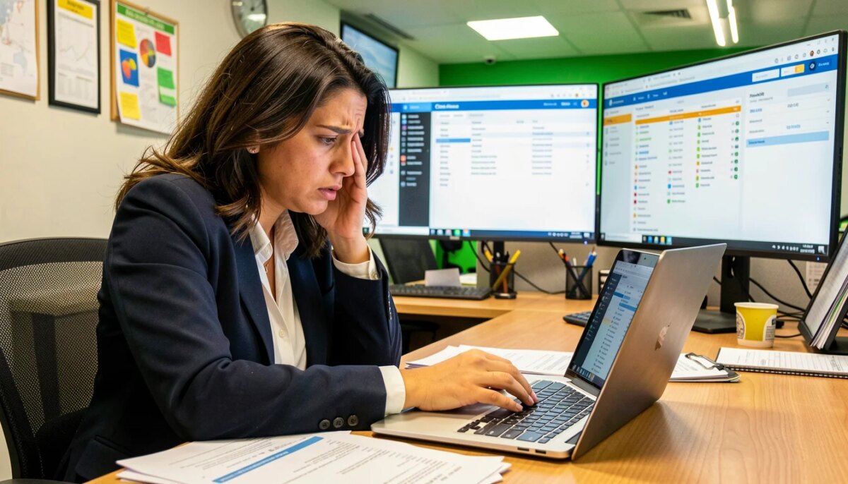 Mulher frustrada olhando planilha e CRM no escritório