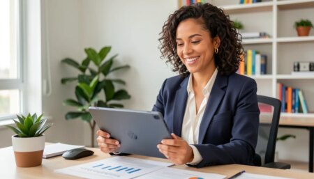 O que saber sobre contabilidade especializada para infoprodutores Mulher profissional analisando documentos financeiros em tablet em escritório moderno