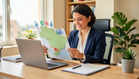 Mapeamento empresarial em 2026: como encontrar empresas por estado e setor Empresária analisando mapa de negócios no Brasil