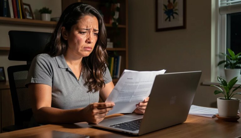 Mulher estressada consultando CNPJ no laptop em casa.