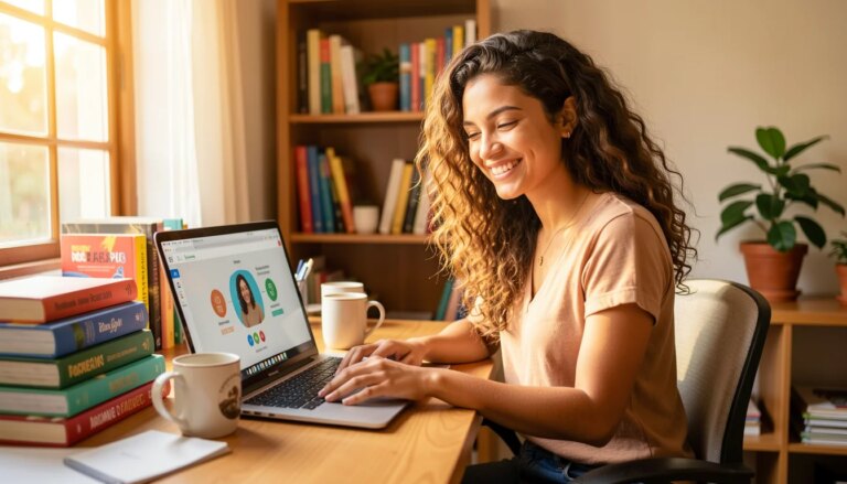 Mulher jovem estudando em laptop em casa, sorrindo, com interface de EAD na tela.